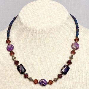 Choker Necklace Mixed Media Purple Stones Small Dark Beads